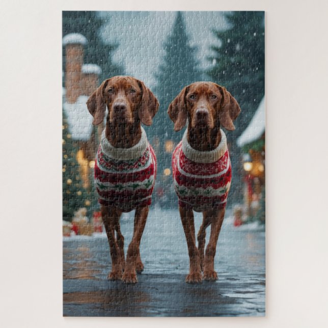 Vizsla Dogs Christmas Snow Holiday Jigsaw Puzzle (Vertical)