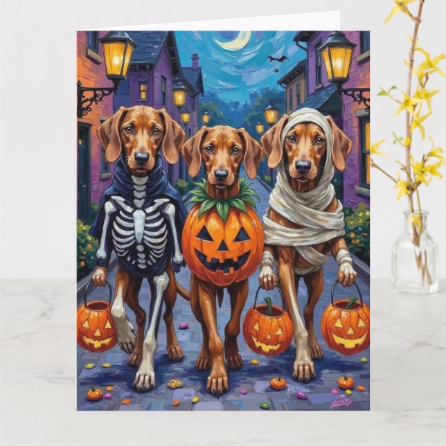 Vizsla Dogs Trick-or-Treating in Halloween Costume Card (Yellow Flower)