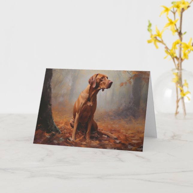 Vizsla in Autumn Leaves Fall Inspire Card (Yellow Flower)