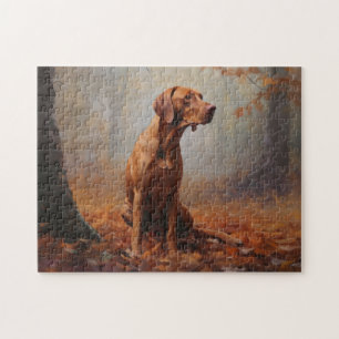 Vizsla in Autumn Leaves Fall Inspire Jigsaw Puzzle