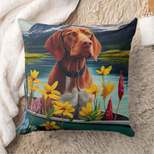 Vizsla on a Paddle: A Scenic Adventure Throw Pillow