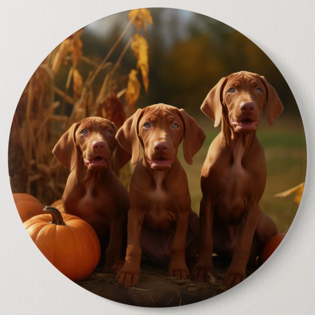 Vizsla Puppy Autumn Delight Pumpkin 6 Inch Round Button (Front)