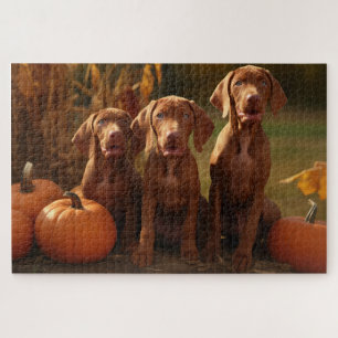 Vizsla Puppy Autumn Delight Pumpkin Jigsaw Puzzle