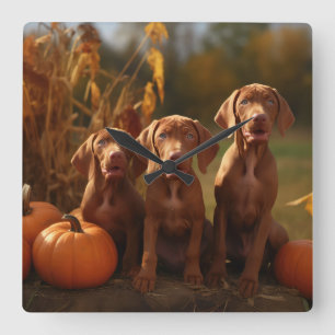 Vizsla Puppy Autumn Delight Pumpkin Square Wall Clock