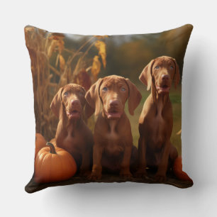 Vizsla Puppy Autumn Delight Pumpkin Throw Pillow