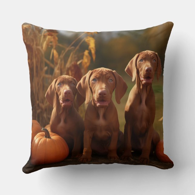 Vizsla Puppy Autumn Delight Pumpkin Throw Pillow (Back)