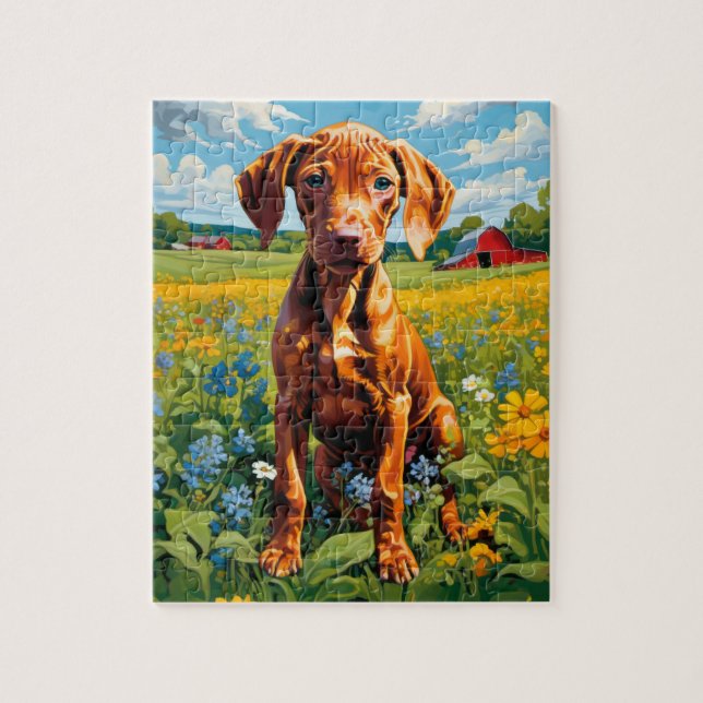 Vizsla Puppy in field of Wildflower range of sizes Jigsaw Puzzle (Vertical)
