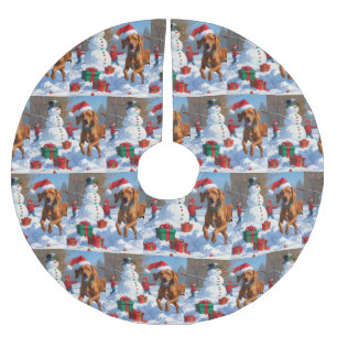 Vizsla Running in Snow with Christmas Hat Brushed Polyester Tree Skirt