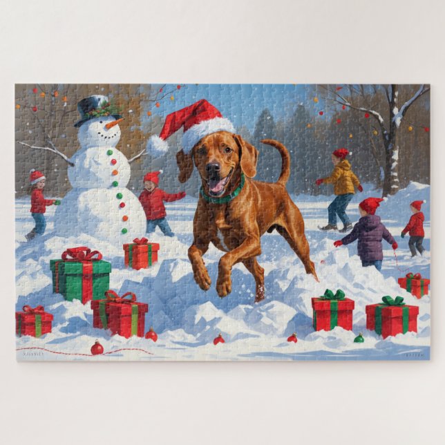 Vizsla Running in Snow with Christmas Hat Jigsaw Puzzle (Horizontal)