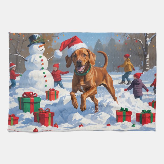 Vizsla Running in Snow with Christmas Hat Kitchen Towel (Horizontal)