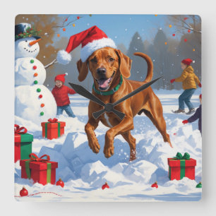 Vizsla Running in Snow with Christmas Hat Square Wall Clock