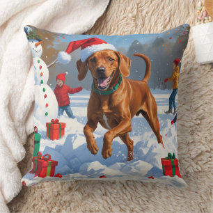 Vizsla Running in Snow with Christmas Hat Throw Pillow