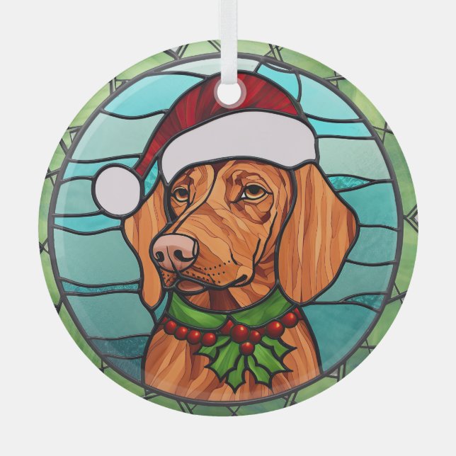 Vizsla Stained Glass Christmas  Glass Ornament (Front)