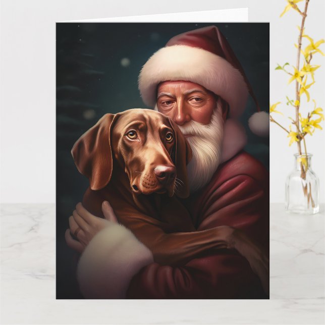Vizsla With Santa Claus Festive Christmas Card (Yellow Flower)