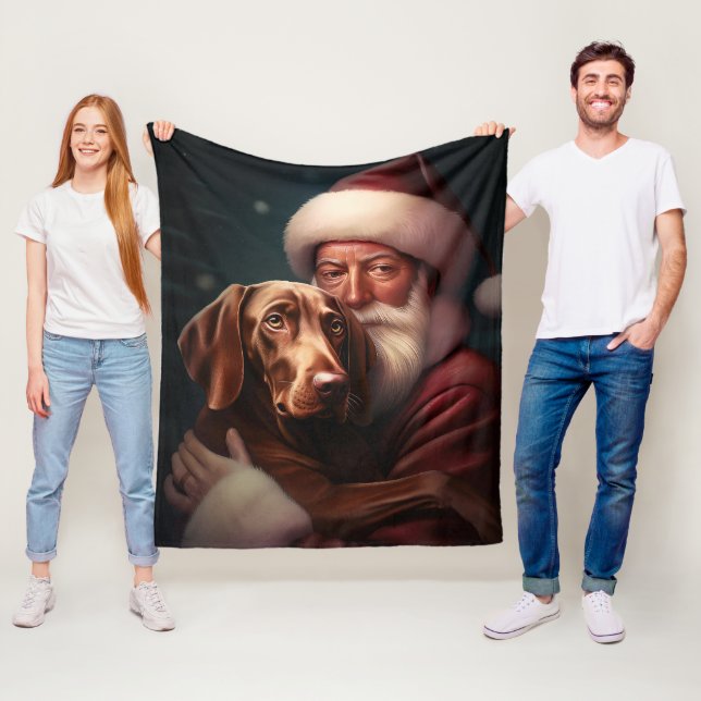 Vizsla With Santa Claus Festive Christmas Fleece Blanket (In Situ)