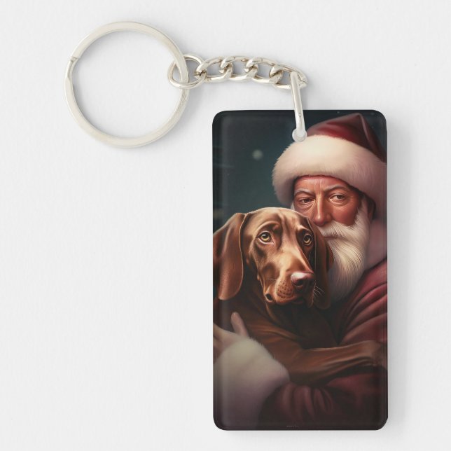 Vizsla With Santa Claus Festive Christmas Keychain (Front)
