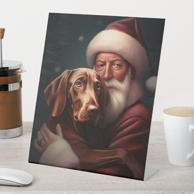 Vizsla With Santa Claus Festive Christmas Pedestal Sign (In SItu)