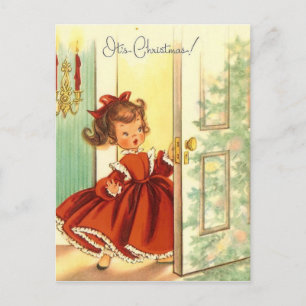 Vntage Christmas Girl In Red Dress Holiday Postcard