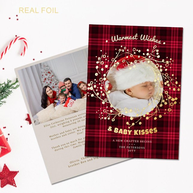 Vœux Baisers Annonce Bébé Motif Carreaux Rouges (rustic red plaid whimsical gold wreath baby announcement family christmas card two photos rustic)