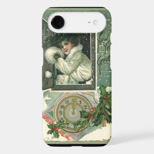 Vœux de Nouvel An vintage, fenêtre de jeune fille 