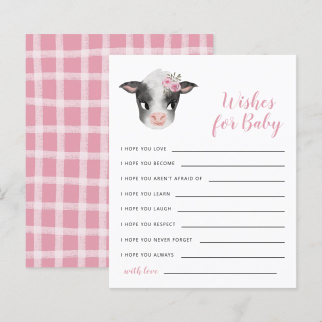Voeux de vache rose pour la carte bébé (Devant / Derrière)