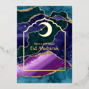 Vœux En Aluminium Carte de fête Eid Mubarak Galaxie et Agate dorée à