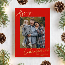 Élégante carte de Noël rouge avec écriture Photo