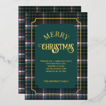 Moderne carte de Noël à motif tartan bleu vert ave