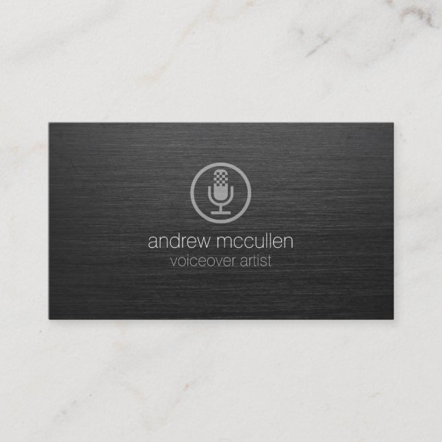 VoiceoverArtist Microphone Icon Dark Brushed Metal Business Card (Front)