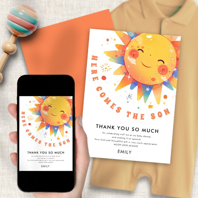 Voici Le Carte de remerciements Baby shower Fils (Front and back view. Available digitally and printed)