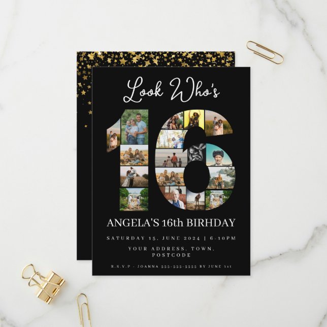 voici qui a 16 ans invitation photo pour un annive (Devant/Arrière en situation)