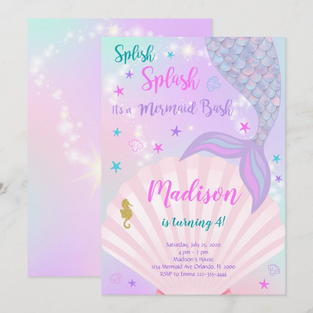 Voie de sirène Turquoise et violette Invitation d' (Devant / Derrière)
