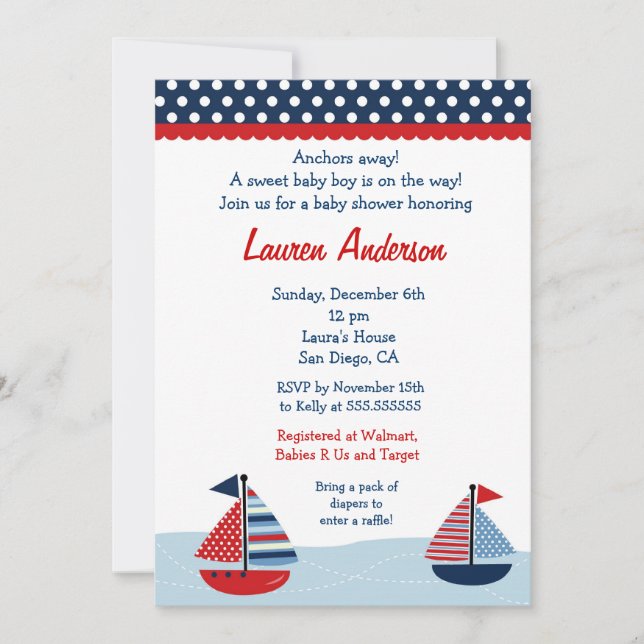 Voile en bateau à voile Invitations de douches pou (Devant)