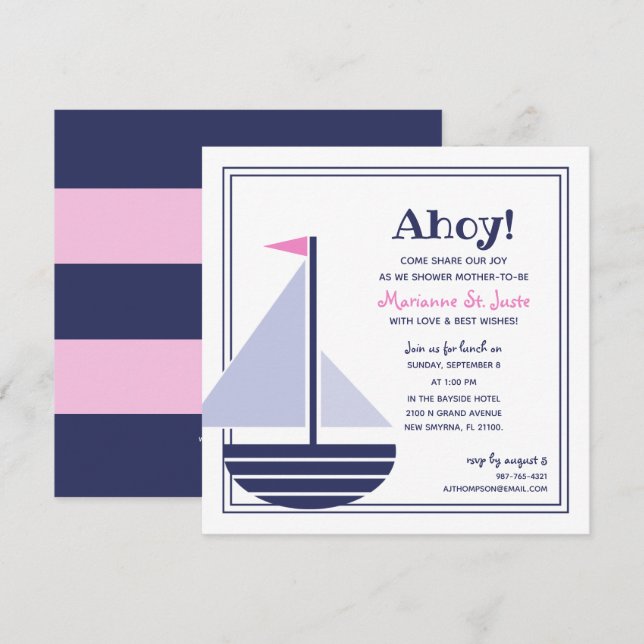 voilier nautique BABY SHOWER rose fille Invitation (Devant / Derrière)