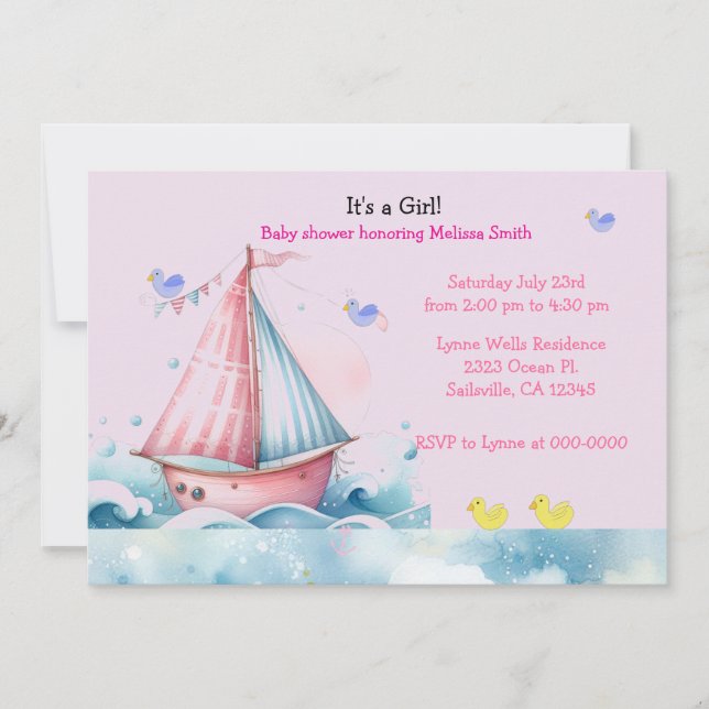 Voilier rose Nautique Baby Girl Douche Invitation (Devant)
