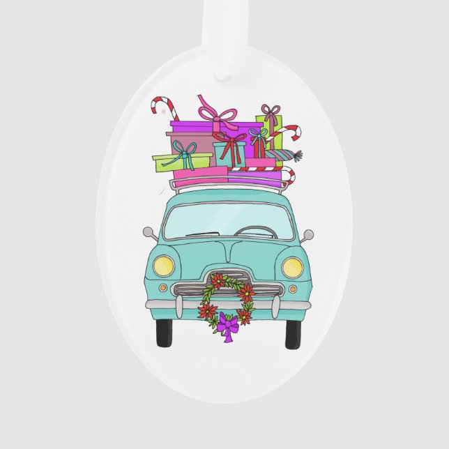 Voiture bleue avec cadeaux de Noël (dos)