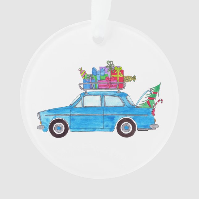 Voiture bleue avec cadeaux de Noël Aquarelle (devant)