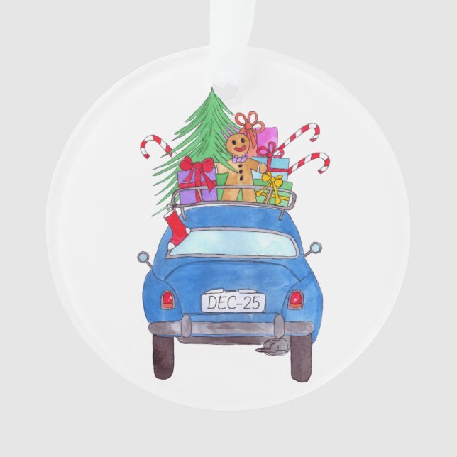 Voiture bleue avec cadeaux de Noël Aquarelle (devant)