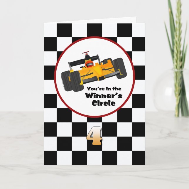Voiture de course Bonne 4e carte d'anniversaire (Devant)