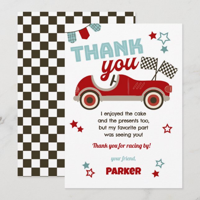 Voiture de course Carte de remerciements à thème (Devant / Derrière)