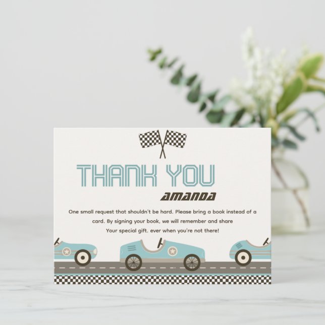 Voiture de course Carte de remerciements Baby show (Debout devant)