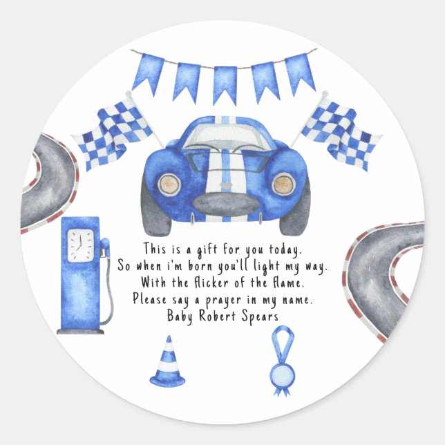 Voiture de course. Étiquette de la bougie de prièr (Devant)