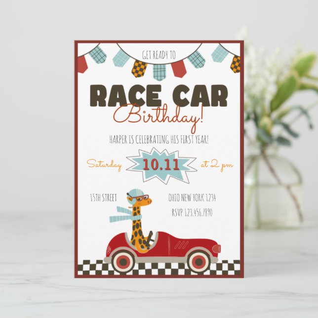 Voiture de course Fast Giraffe Invitation Annivers (Debout devant)