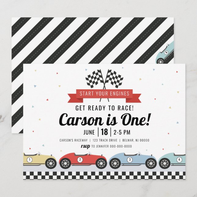 Voiture de course Invitation Anniversaire (Devant / Derrière)