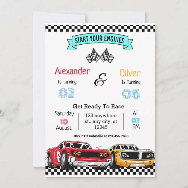 Voiture de course Retro Invitation Anniversaire (Devant)
