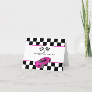 Voiture de course rose   Carte de remerciements fê