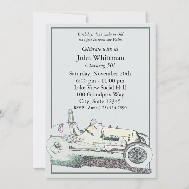 Voiture de course vintage / Invitation d'anniversa (Devant)