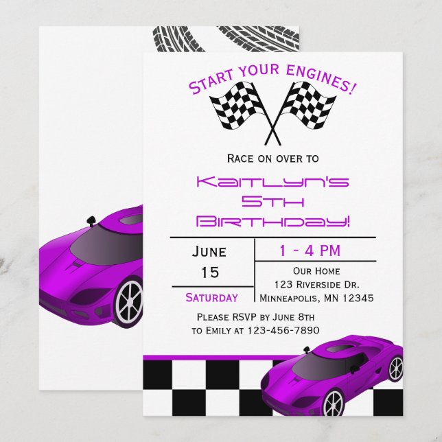 Voiture de course violette | Invitation Anniversai (Devant / Derrière)