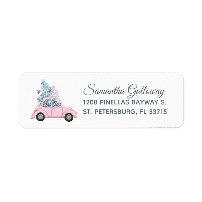 Voiture rose Whimsical avec arbre de Noël et cadea (Devant)