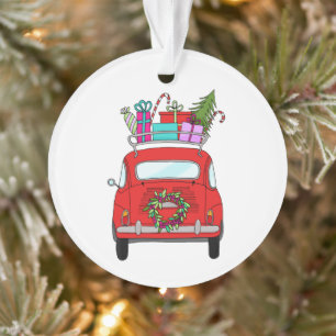 Voiture rouge avec cadeau de Noël Ornement